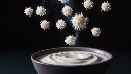 Holographic Bacteria Suspended Above Creamy Yogurt, Illustrating the Disquieting Reality of Food Contamination.