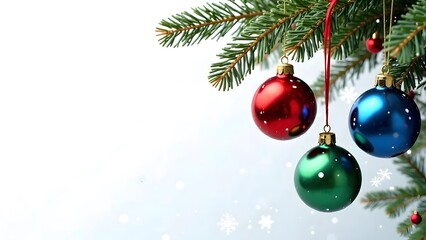 Christmas tree balls hanging on a fir branch,a place for text