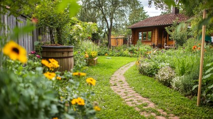 Obraz premium Home composting, a well-maintained home garden with compost bins and natural fertilizer