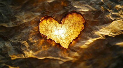 Fototapeta premium Illuminated Heart Shaped Hole in Crumpled Paper