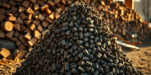 Obraz premium A close-up view of a pile of compressed wood pellets, a sustainable and efficient fuel source, with a stack of firewood logs in the background.