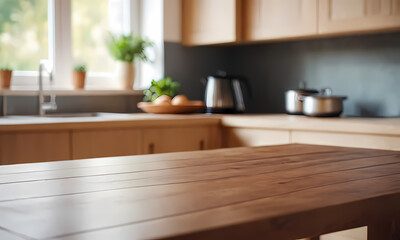 Kitchen Island Tabletop: A wide, clean wooden kitchen island countertop provides a spacious and inviting surface.