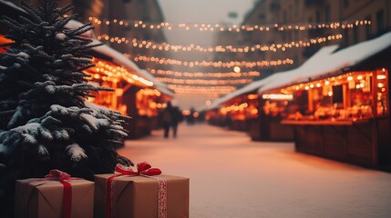 lively winter market surrounded by snow-covered streets twinkling lights strung between buildings and cheerful decorations