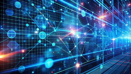 Obraz premium Futuristic Motion Graphic of Blue Data Matrix Simulation with Digital Lines and Grid Technology on an Abstract Background for HUD Screen Conceptual Visualization