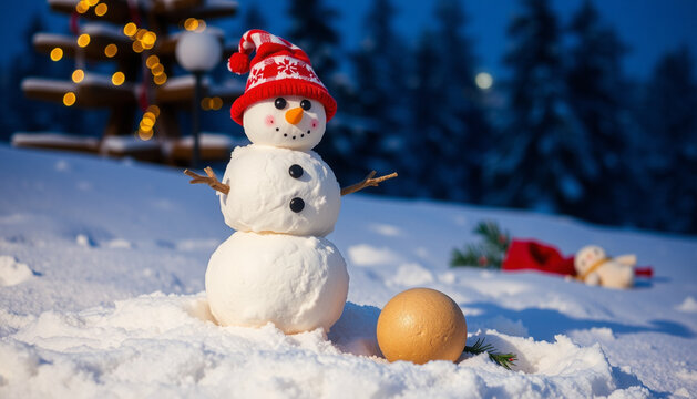 A Snowman Outside In Winter Season Wear Red Hat