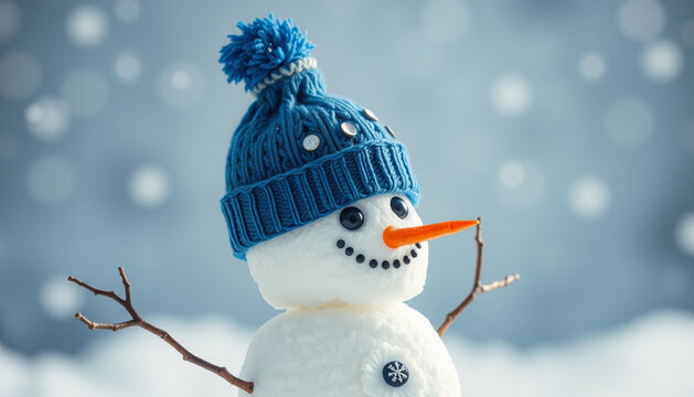A Snowman Wear A Blue Hat Smiling