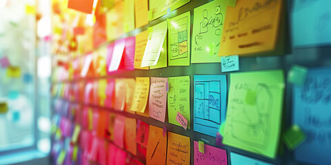 Wall Covered with Multicolored Sticky Notes Containing Handwritten Information