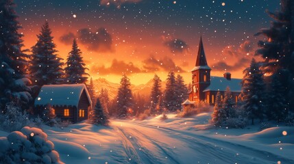 Snow falling on cozy wooden cabin and church at christmas sunset