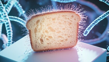 Holographic depiction of bacteria surrounding a slice of bread, illustrating food with contamination issues and raising awareness about food safety and hygiene.