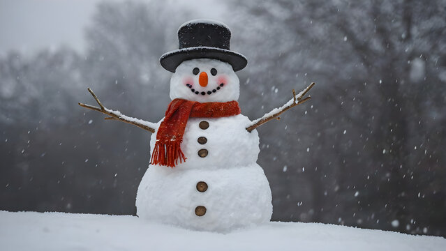 Snowman Standing In A Light Snowfalling Wear A Black Hat And Red Scarf
