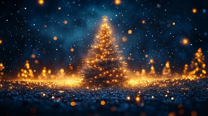 Naklejka premium Glowing christmas tree illuminating snowy landscape at night