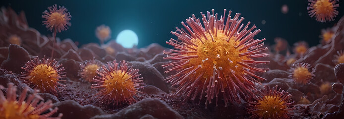 Microscopic Viral Landscape: A detailed 3D rendering depicts a multitude of viruses, their intricate structures highlighted against a deep-blue background.