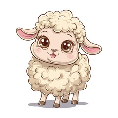 A cute and fluffy white lamb with big eyes and a friendly expression, standing against a plain background
