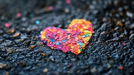 Fototapeta premium Colorful Heart Shaped Confetti On Wet Ground