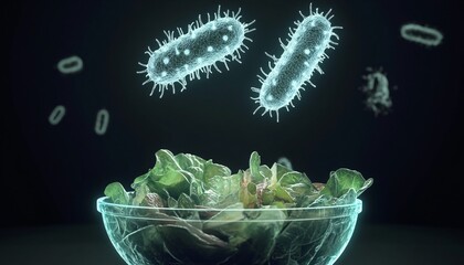 Holographic representation of bacteria illuminating above a vibrant salad bowl, highlighting the theme of food with contamination.