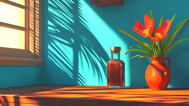 Sunlit Still Life With Orange Flowers And Bottle