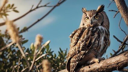 Fototapeta premium Wise Owl Perched: A majestic long-eared owl perches on a branch, its keen eyes fixed on the distance, showcasing the beauty and wisdom of nature in this striking wildlife photograph. 
