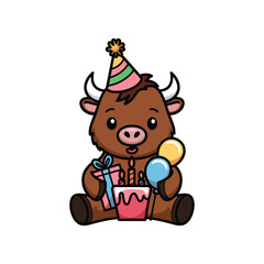 Fototapeta premium A cute brown bull wearing a party hat and holding a birthday cake with candles, sitting on the ground