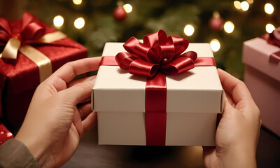Anticipation of Christmas Joy: Hands gently hold a pristine white gift box, adorned with a vibrant red ribbon and bow, against a festive backdrop of twinkling lights and beautifully wrapped presents.