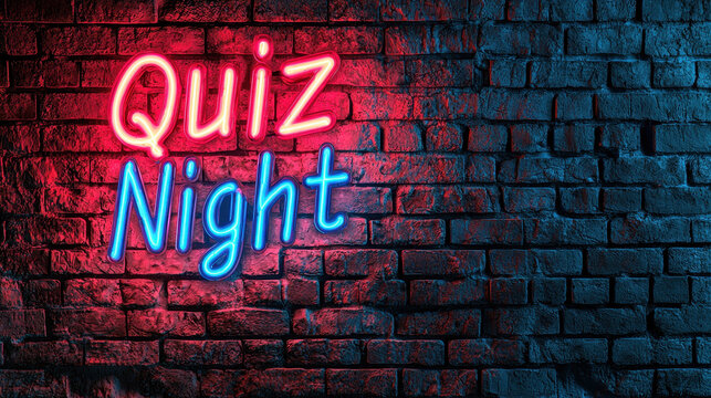 Vibrant Neon Quiz Night Sign Illuminating a Brick Wall for Fun and Interactive Evening Entertainment