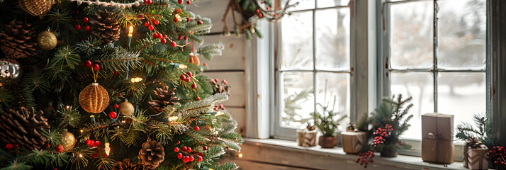 A Christmas tree adorned with natural pinecones, berries, and rustic garlands, in a Scandinavian-style home