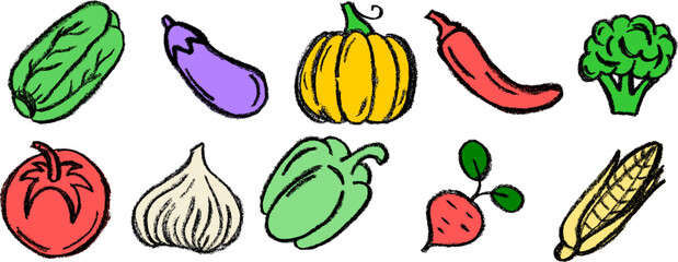 Vegetables Colorful Icons Drawing Crayon Chalk Vector Set