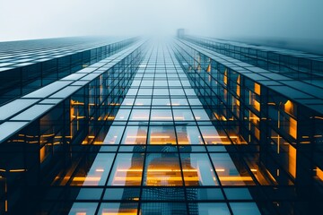 A sleek skyscraper stretches upward, its glass facade shimmering with orange lights, partially obscured by dense fog, creating a mysterious urban atmosphere.