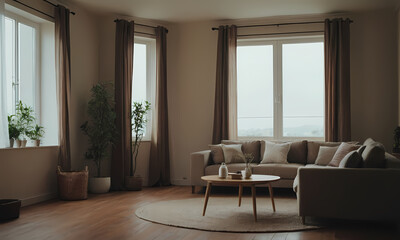 Fototapeta premium Modern Living Room Interior: A spacious and bright living room features a comfortable grey sectional sofa, a wooden coffee table, and large windows adorned with brown curtains.