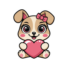 A cute beige puppy with large eyes and a pink bow, holding a pink heart-shaped object