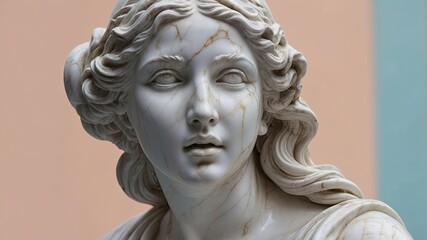 Elegant marble sculpture of a woman captured in detail with soft lighting and a colorful background showcasing classical artistry