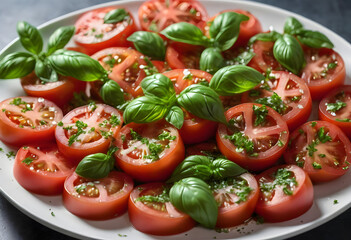 Simple tomato salad featuring fresh basil and sea salt on a clean white plate, with parsley and olive oil for flavor, ai.