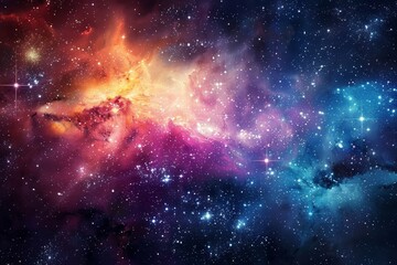 Naklejka premium Colorful cosmic clouds merge with sparkling stars, creating a breathtaking view of the universe in a vibrant spectrum of colors during deep space exploration.