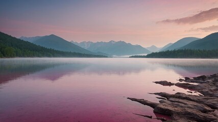 Fototapeta premium Tranquil morning at a mountain lake reflecting colorful skies before sunrise with mist rising along the shore
