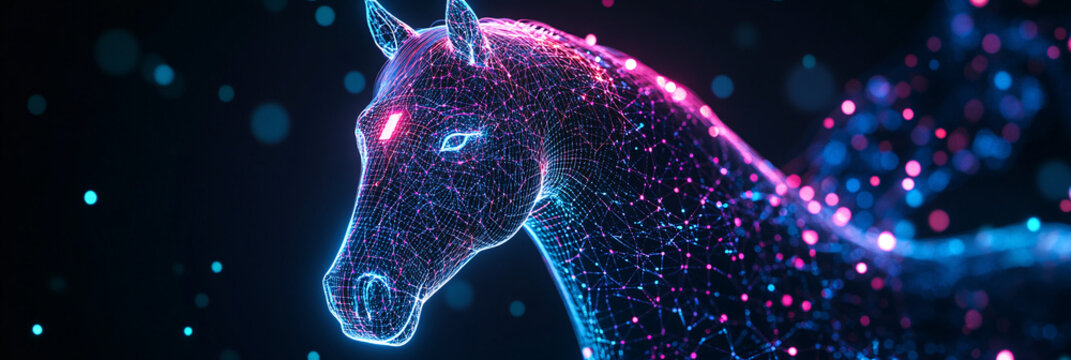 A futuristic horse icon glowing with performance data, symbolizing online equestrian platforms, smart training tools, and digital horse care resources.  