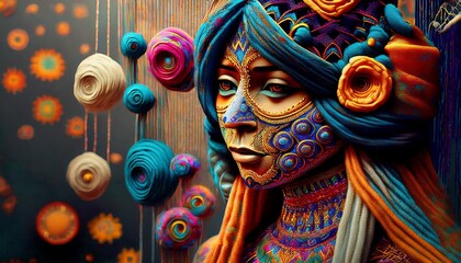 Naklejka premium Fantasy Portrait of a Vibrant Ethereal Woman with Intricate Patterns and Textures