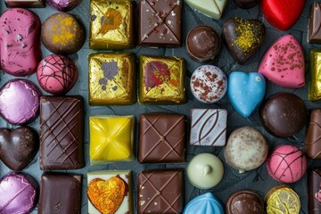 A vibrant collection of assorted gourmet chocolates featuring various shapes, sizes, and colors, showcasing exquisite craftsmanship and delightful flavors.