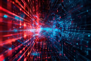 Fototapeta premium Colorful light trails in blue and red create an abstract digital landscape, illustrating a seamless flow of data through a vibrant space filled with energy.
