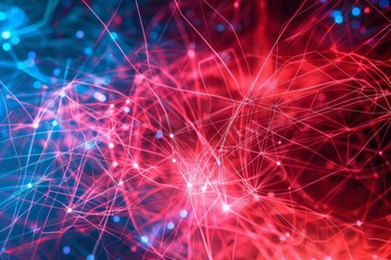 A vibrant network of red and blue interconnected lines and nodes illustrates the flow of technology and data, creating a captivating visual representation of digital connectivity.