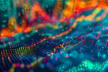 Vibrant, swirling data patterns come together to form an abstract visualization, showcasing the beauty of digital information processing and analytics in technology.