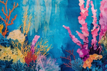 Fototapeta premium A stunning coral reef showcases a variety of colors and textures, with vibrant corals in shades of pink, orange, and blue thriving under the sunlight in a serene ocean setting.