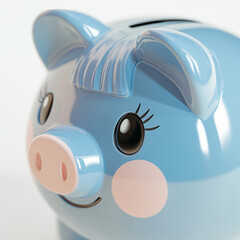 Cute blue piggy bank with cartoon face and pink cheeks