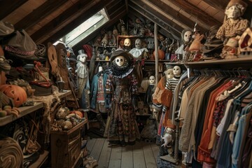 The attic is filled with an unsettling assortment of dolls and vintage costumes, casting shadows in the soft light filtering through a small window.