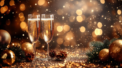Two glasses with champagne wine background with blur glitter light bokeh effect. Celebrating New Year and Christmas