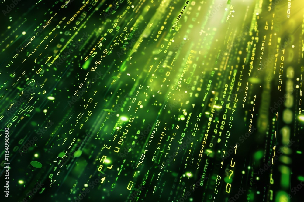 Poster shimmering green binary code cascades down against a dark backdrop, creating a mesmerizing digital e