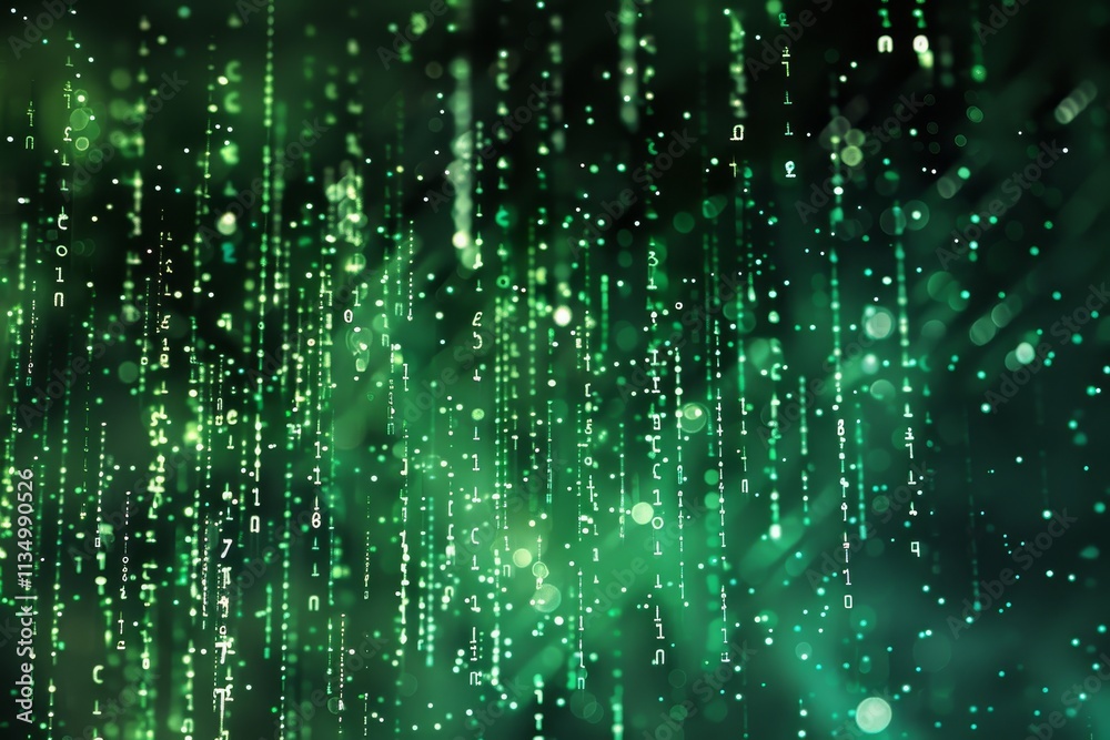 Poster green symbols and numbers cascade down in a dark setting, creating an immersive effect that evokes f