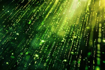Shimmering green binary code cascades down against a dark backdrop, creating a mesmerizing digital effect reminiscent of futuristic technology at night.