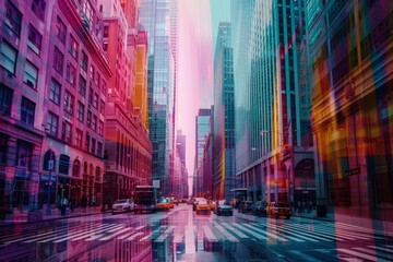 Obraz premium A busy urban street is filled with yellow taxis and pedestrians, as towering buildings reflect vibrant hues of pink and orange during twilight.