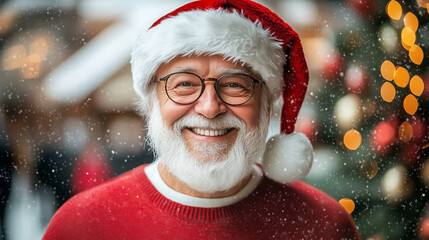 Santa with round glasses and white whiskers, laughing heartily under a snowfall,  The image captures the winter holiday atmosphere.