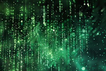 Green symbols and numbers cascade down in a dark setting, creating an immersive effect that evokes feelings of a digital world and advanced technology.
