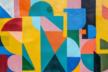 Fototapeta premium A striking mural showcases a combination of colorful geometric shapes and patterns on a city wall, highlighting an artistic expression in a vibrant urban environment.